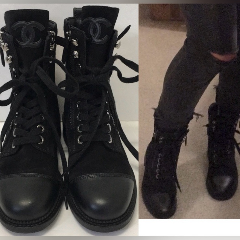 Ultra Rare Chanel Black Suede & Leather Combat Boots CC Logo Size 35